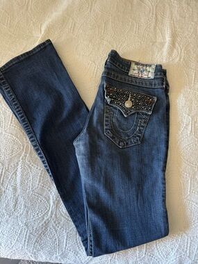 True Religion Women’s Dark Blue Boot Cut Jeans with Embellished Back Pocket